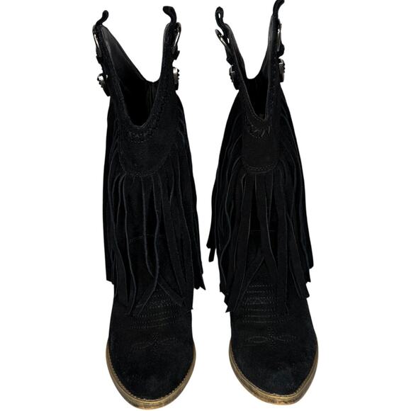 VERY VOLATILE Size 8 Fringe Cowboy Boots Black Suede Western Boho Country Chic - Picture 2 of 11